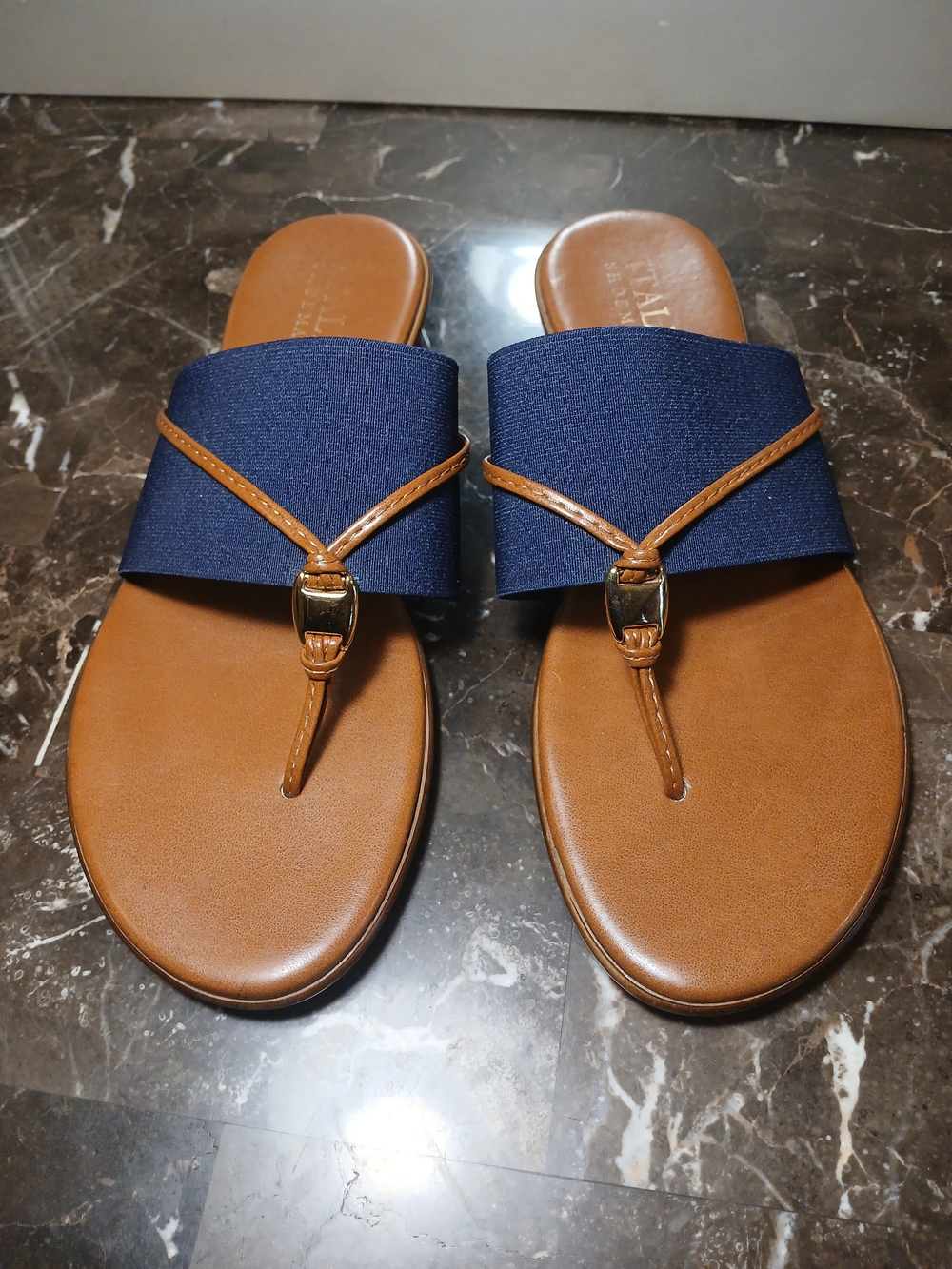Italian Shoemakers Navy and Tan Women's Toe-Post Slide Sandals